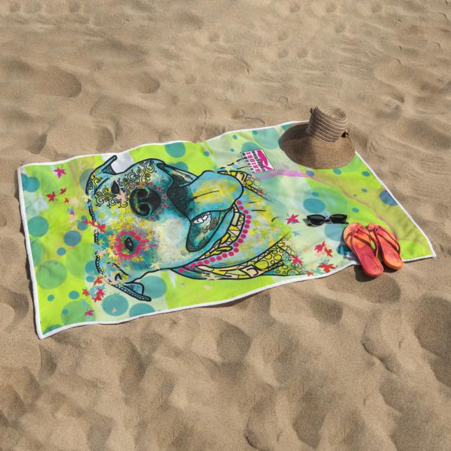Preview: Badehandtuch Pablo – Popart-Hundemotiv, 75x165 cm, 100 % Polyester, weich & schnelltrocknend
